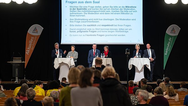 Bei der Infoveranstaltung zur aktuellen Haushaltslage beantworteten die Bürgermeisterinnen und Bürgermeister Fragen des Publikums. 