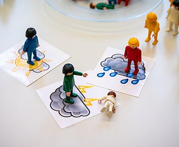 Konfliktsituation zwischen Schülern und Schülerinnen wird mit Spielfiguren am Tisch nachstellt