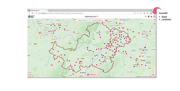 Mobilitätsportal - Auswahl der anzuzeigenden Stadt oder des Landkreises