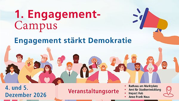 Engagement Campus 2026: Bild unterschiedliche Comicfiguren die jubeln und Hinweise auf die Veranstaltungsorte geben.