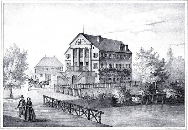 Das Kunstwerk zeigt das Gasthaus zum Stefanienbad, datiert auf das Jahr 1830.