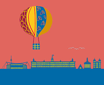 Blaue Siluette von Karlsuhe, Bunter Heißluftballon vor rotem Himmel