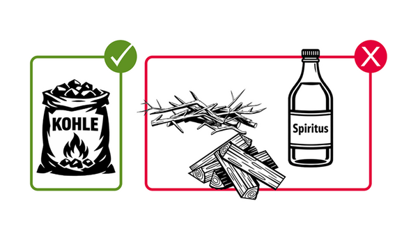 Piktogramm Nur Grillkohle oder Grillbriketts. Kein Holz, Äste oder sonstige Materialien verbrennen. Kein Brandbeschleuniger (Spiritus, Benzin), nur Feststoff-Grillanzünder verwenden.