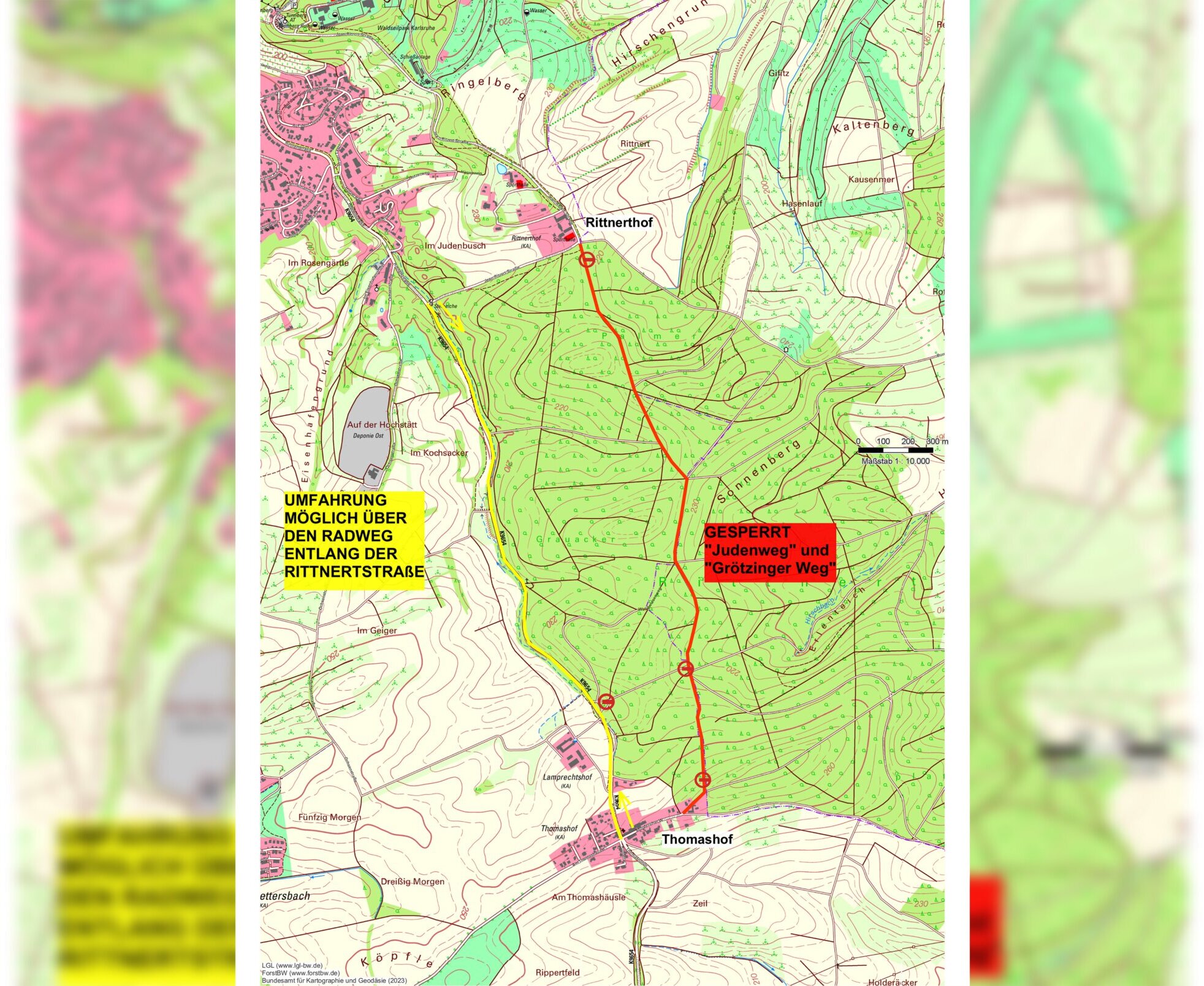 Judenweg und Grötzinger Weg zwischen Durlach und Stupferich