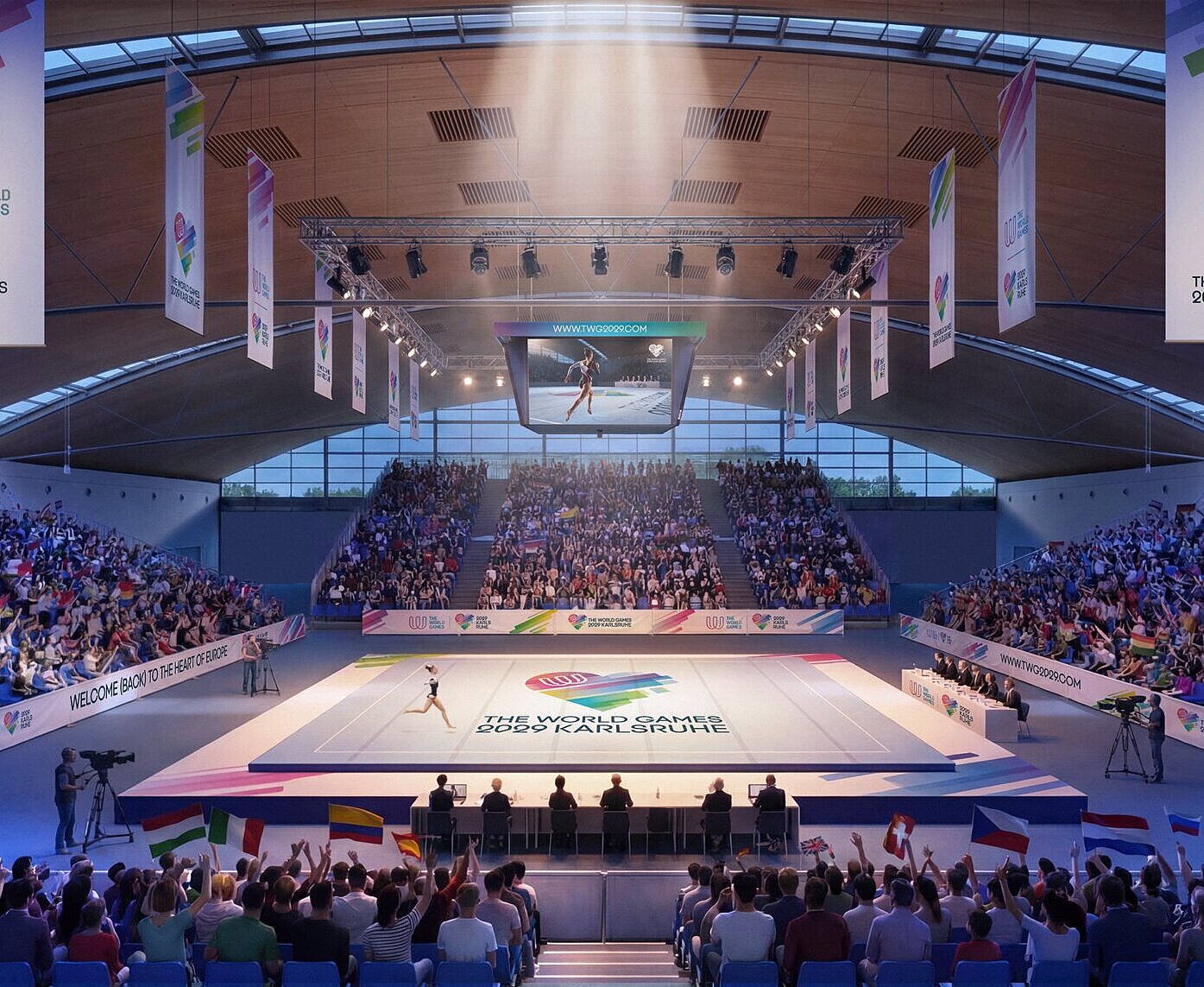 So könnte ein Turnwettbewerb in der Karlsruher Messe 2029 aussehen.