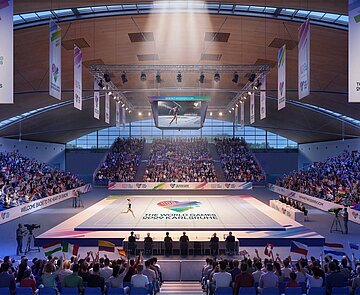 So könnte ein Turnwettbewerb in der Karlsruher Messe 2029 aussehen.