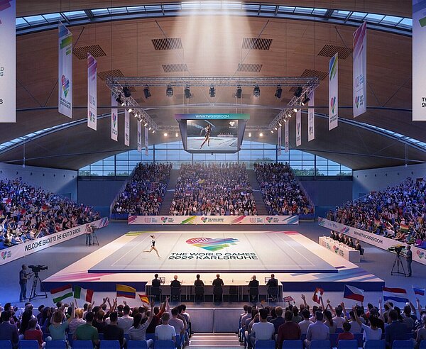 So könnte ein Turnwettbewerb in der Karlsruher Messe 2029 aussehen.