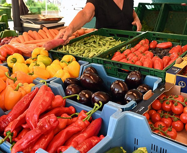 Ein Marktstand auf dem Stephanplatz mit Paprika, Auberginen und Tomaten im Angebot