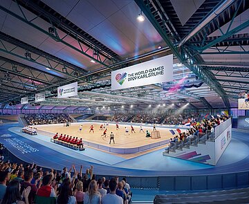 So könnte ein Hockeyspiel bei den World Games 2029 in der Europahalle aussehen.