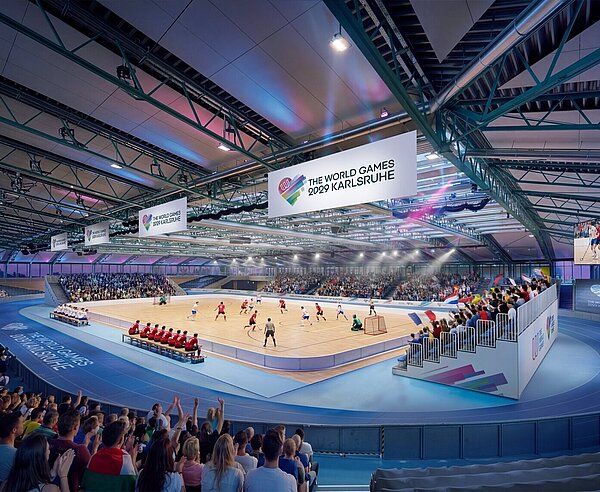 So könnte ein Hockeyspiel bei den World Games 2029 in der Europahalle aussehen.