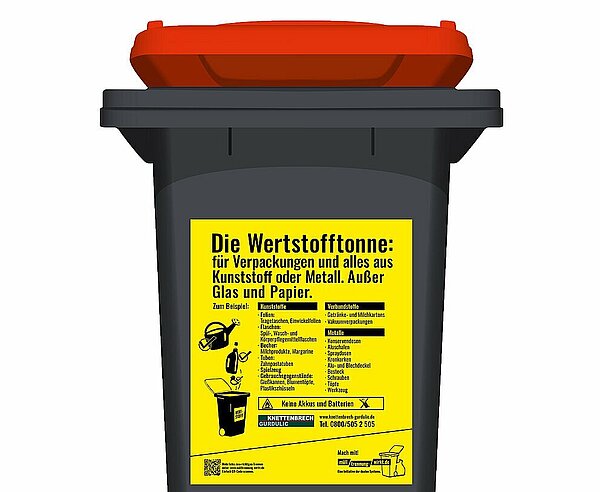 Symbolbild Wertstofftonne mit Aufkleber des Unternehmens Knettenbrech + Gurdulic