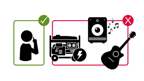 Piktogramm Kein Lärm, der die Allgemeinheit oder Nachbarschaft belästigt. Keine Stromaggregate, kein Musizieren mit Verstärker und kein Abspielen von Musik.