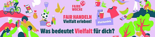 Rosa Banner mit der Aufschrift „Was bedeutet Vielfalt für dich?". Um die Aufschrift sind stilisierte Webtoon-Grafiken von Menschen in verschiedenen Lebenssituationen.