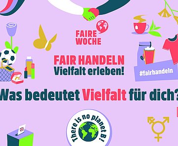Rosa Banner mit der Aufschrift „Was bedeutet Vielfalt für dich?". Um die Aufschrift sind stilisierte Webtoon-Grafiken von Menschen in verschiedenen Lebenssituationen.