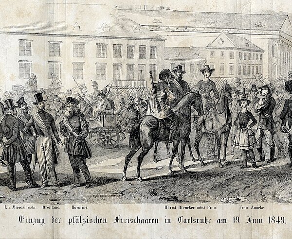 Kupferstich des Einzugs der pfälzischen Freischaaren in Karlsruhe am 19. Juni 1849