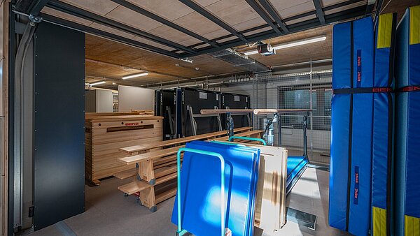 Geräteraum in der zweifach- Dreifeld- Sporthalle Oberreut