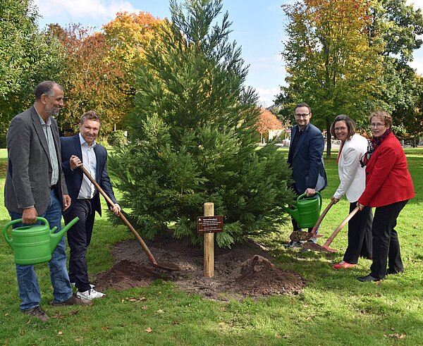 Einen Mammutbaum zum Start der Karlsruhe-Stiftung pflanzten (v.l.) Faris Abbas, Torsten Dollinger, Pascal Rastetter, Anna Weißhaar und EB Gabriele Luczak-Schwarz.