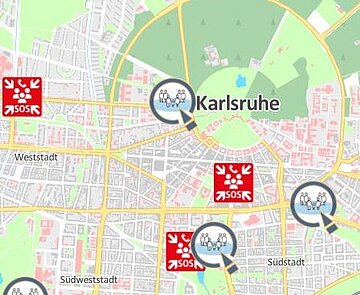 Das Bild zeigt einen Ausschnitt einer Karte mit Anlaufstellen im Krisenfall.