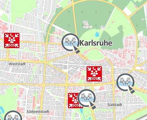 Das Bild zeigt einen Ausschnitt einer Karte mit Anlaufstellen im Krisenfall.