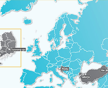 Kartenansicht mit Projektpartnerschaftsstädten.