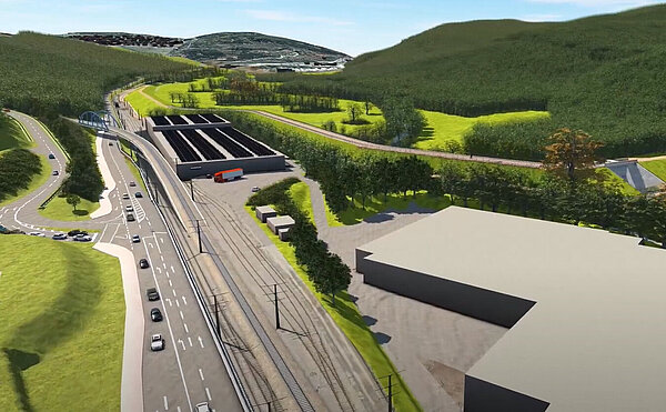 Visualisierung des geplanten Hochwasserrückhaltebeckens an der Alb mit einer begrünten Steilwand.