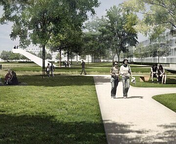 Urban, aber grün und mit viel Raum zur Erholung – so soll das neue Quartier werden. Eine Visualisierung zeigt, wie das Areal in der Nordstadt einmal aussehen könnte. 