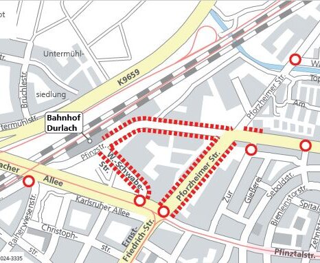 Karte über die Halteverbote im Versammlungsbereich am 9. November in Durlach