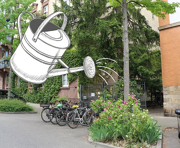 Fotomontage mit Baumbeet und Gießkanne