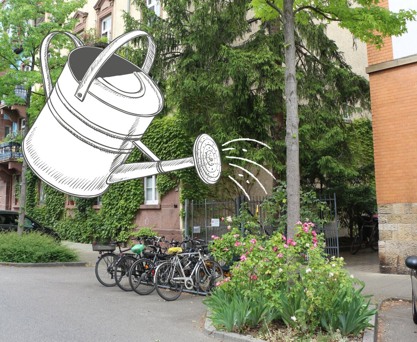 Fotomontage mit Baumbeet und Gießkanne