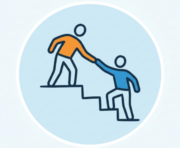 Zwei Personen reichen sich die Hand an einer Treppe.