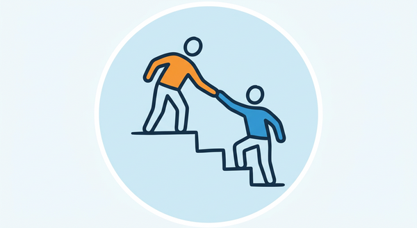 Zwei Personen reichen sich die Hand an einer Treppe.