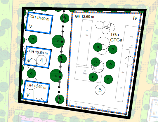 Ausschnitt Baufelder 4 und 5 des Bebauungsplans Westlich der Erzbergestraße zwischen New-York-Straße und Lilienthalstraße