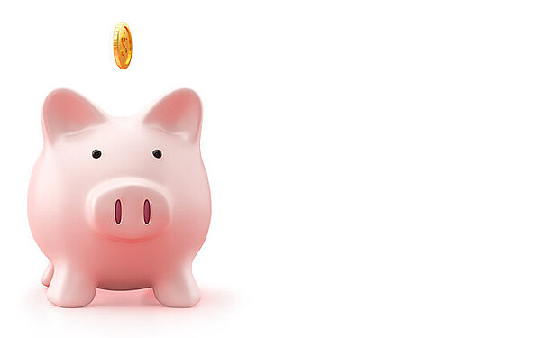 Rosa Sparschein vor rosa Hintergrund, von oben fällt ein goldener Taler