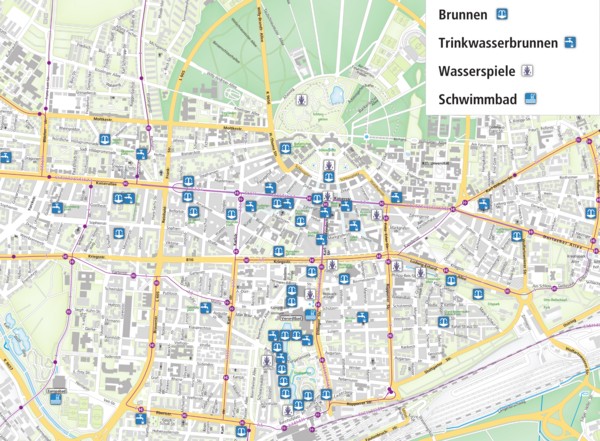 Kartenausschnitt von Karlsruhe mit Wasserstellen