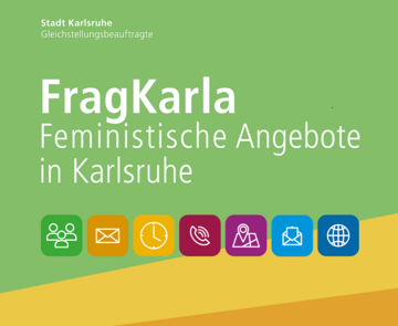 Das Bild zeigt die Vorderseite der Postkarte, mit der die Datenbank FragKarla beworben wird. Man sieht den Titel sowie verschiedene Symbole und bunte Farben im Hintergrund. Rechts unten befindet sich das Karlsruhe Logo.