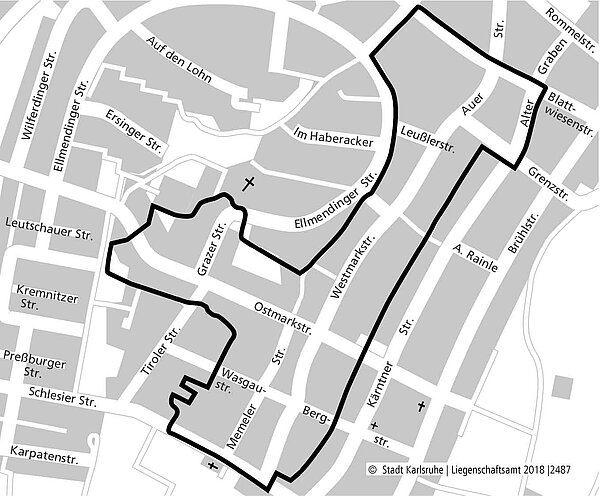 Der Plan zeigt die Abgrenzung des Sanierungsgebietes Durlach-Aue