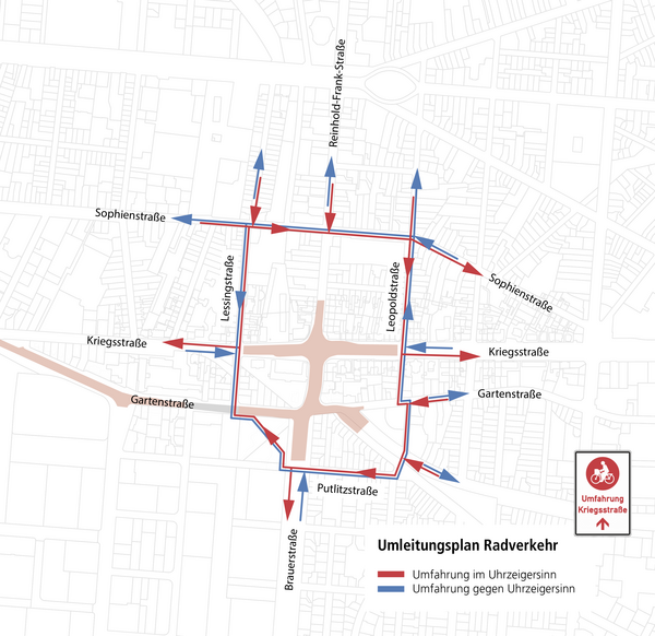 Infrastrukturprojekt Kriegsstraße - Umleitungsplan für den Radverkehr
