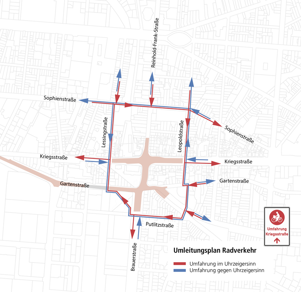 Infrastrukturprojekt Kriegsstraße - Umleitungsplan für den Radverkehr