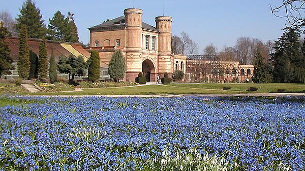 Das Bild zeigt den Torbogenbau des Botanischen Gartens hinter einer Frühlingswiese. 