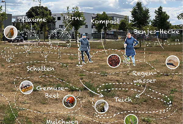 Brachfläche mit Collage aus Gartenelementen, Menschen, Tieren, Insekten und Zeichnungen