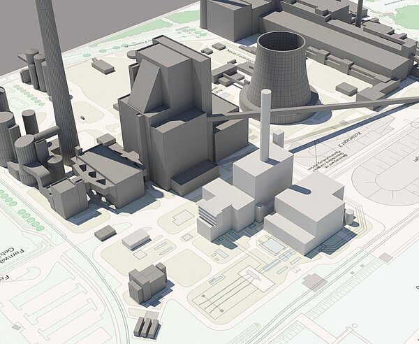 Modell des geplanten RDK9 in hellgrau, bestehende Kraftwerksanlagen in dunkelgrau