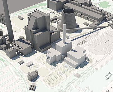 Modell des geplanten RDK9 in hellgrau, bestehende Kraftwerksanlagen in dunkelgrau