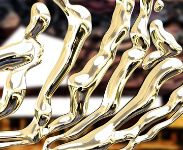 Sequenz aus der Videoarbeit "The Operator", die eine digital erzeugte, goldene Struktur vor einem unscharfen Bild des Badischen Theaters zeigt.