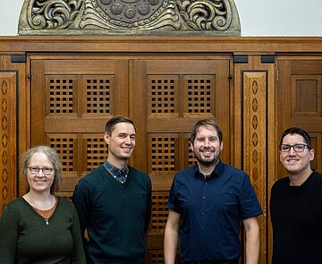 Dr. Katrin Dort, Leitung Stadtarchiv & Historische Museen / Marcel Dahm, stellvertretender Schulleiter CHS / Eric Wychlacz, Fachgebiet Archivpädagogik Stadtarchiv / Stefan Hofmann, Abteilungsleiter Druck- und Medientechnik CHS