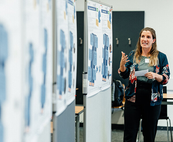 Eine Frau hält einen Vortrag mit Hilfe von Grafiken auf Flipcharts