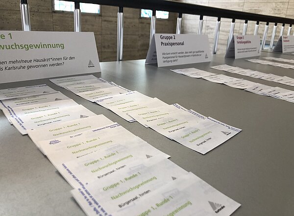 Tisch mit Karten zur Zuordnung der Teilnehmenden in die Arbeitsgruppen der Veranstaltung