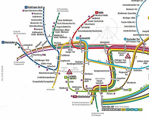 Umleitungsplan für die Straßenbahnlinien während der Baustelle Gartenstraße / Brauerstraße / Weinbrennerplatz