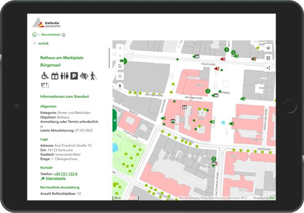 Das Bild zeigt die mobile Ansicht der WebApp Karlsruhe Barrierefrei auf einem iPad.