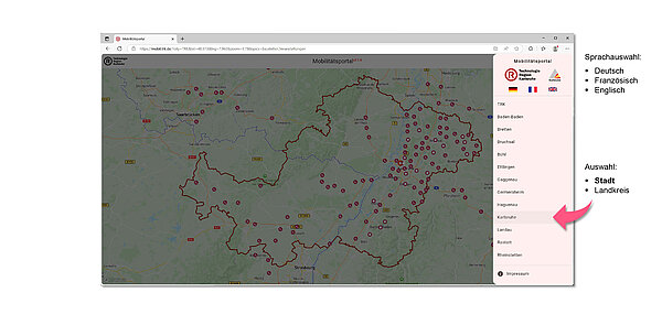 Mobilitätsportal - Beispiel: Auswahl der anzuzeigenden Stadt oder des Landkreises