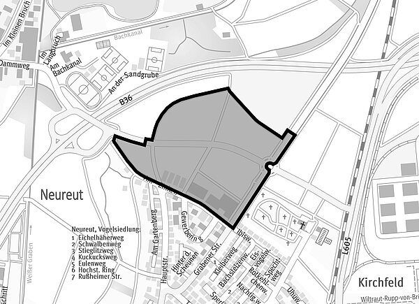 Der Großteil des Gebiets wird von Ackerflächen eingenommen und grenzt an Gewerbe und Wohnbebauung.